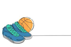 scarpe da basket e palloni da basket con disegno a linea singola. palla da basket e stivali. inventario sportivo. per annunci di negozi sportivi, pittogrammi di app, infografiche. vettore grafico di disegno di linea continua