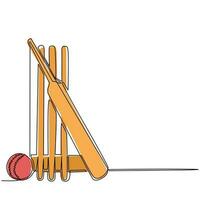 disegno a linea continua mazza da cricket, palla e ceppi di wicket isolati su bianco. impostare l'attrezzatura per il gioco del cricket. sport di squadra competitivo e stimolante. illustrazione vettoriale di disegno a linea singola
