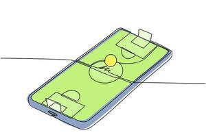 campo da calcio con disegno a linea continua singolo sullo schermo dello smartphone. calcio calcio mobile. partita di gioco sportivo mobile. gioco di calcio online con app mobile dal vivo. illustrazione vettoriale di un disegno di linea