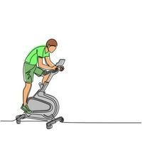 singolo uomo di disegno a tratteggio che fa cardio. bicicletta stazionaria. esercizio di filatura. giovane che fa esercizio di routine a casa usando la bici statica. illustrazione vettoriale grafica moderna con disegno a linea continua