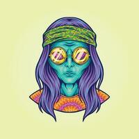 hippie alieno ragazza con bicchieri psichedelico logo illustrazioni vettore