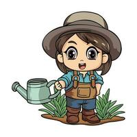contento femmina contadino con un' irrigazione può personaggio illustrazione nel scarabocchio stile vettore