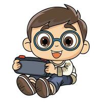 contento ragazzo con portatile gioco personaggio illustrazione nel scarabocchio stile vettore