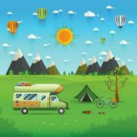 nazionale montagna parco campeggio scena con famiglia trailer caravan vettore