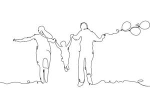 continuo linea arte disegno madre padre e bambino godere. famiglia paternità concetto. contento famiglia linea disegno. il divertimento famiglia in esecuzione linea arte. papà, mamma, e bambino volante palloncini vettore