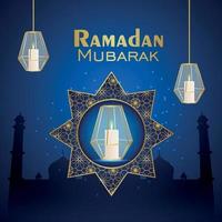 biglietto di auguri celebrazione festival islamico di ramadan kareem con lanterna di cristallo vettore
