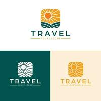 viaggio vettore logo design. campo e tramonto logotipo. natura paesaggio logo modello.