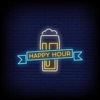 vettore del testo di stile delle insegne al neon di happy hour