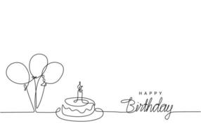 buon compleanno disegno a tratteggio continuo, lettere scritte a mano con palloncino simbolico e torta di compleanno. uno stile minimalista disegnato a mano. vettore