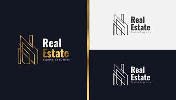 logo immobiliare in oro con stile della linea. modello di progettazione di logo di costruzione, architettura o edificio vettore