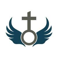Chiesa logo. Bibbia, Gesù' attraversare e angelo Ali. Ali Chiesa albero logo design icona. vettore