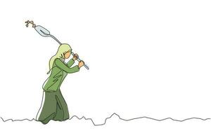 singola linea continua disegno donna d'affari araba che scava nella sporcizia usando la pala. donna in hijab scavare terra con vanga. scavo di tesori, concetto di ricchezza donna ricca fortunata. vettore di disegno di una linea
