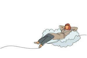 singolo disegno a tratteggio rilassato e di successo felice imprenditrice araba rilassante sdraiato sulle nuvole. pausa, ferie, caffè, relax. illustrazione vettoriale grafica di disegno a linea continua