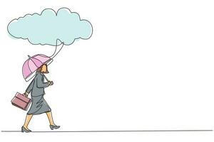 donna d'affari di disegno a linea continua con valigetta e portaombrelli sotto la nuvola di pioggia. depressione, passante in caso di pioggia. donna inzuppata, l'acqua sgorga dal cielo. vettore di disegno a linea singola