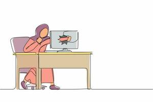 disegno continuo di una linea una donna d'affari araba arrabbiata rompe il suo computer portatile colpendolo con il pugno chiuso seduto alla scrivania. donna frustrata che perfora lo schermo del pc. vettore di disegno a linea singola