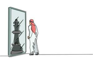 singolo disegno a tratteggio uomo d'affari arabo in piedi davanti allo specchio, che riflette il re degli scacchi. metafora della fiducia. successo, concetto di opportunità. illustrazione vettoriale di disegno a linea continua