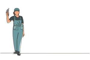 singolo disegno a tratteggio donna lavoratore in possesso di trapano elettrico strumento per la riparazione. costruttore in uniforme. tuttofare in tuta. riparatrice con strumento. vettore grafico moderno di disegno di linea continua