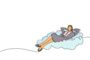 singolo disegno a tratteggio rilassato e di successo felice giovane imprenditrice rilassante posa sulle nuvole. pausa, ferie, caffè e relax. illustrazione vettoriale grafica di disegno a linea continua