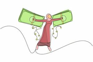 singola linea continua disegno donna d'affari araba che vola su ali di denaro. concetto di libertà finanziaria, raffigurante una donna che vola su ali fatte di banconote. illustrazione vettoriale di una linea grafica