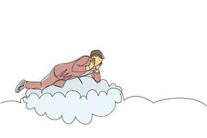 sognatore di disegno a linea continua. uomo d'affari sdraiato sulle nuvole e sognando o pensando qualcosa a nuovi affari. giovane sdraiato sulla nuvola. illustrazione grafica vettoriale di progettazione a linea singola