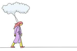singola linea di disegno infelice depressa triste imprenditrice araba in stress che cammina sotto la nuvola di pioggia. depressione femminile perdente sola. solitudine con tempo nuvoloso. vettore di disegno a linea continua