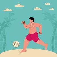 paffuto uomo nel nuoto tronchi giochi un' sfera. spiaggia calcio. divertente piatto vettore illustrazione. Grasso uomo su il spiaggia con palme e nuvole. sport di grande le persone.