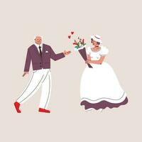 giovane donna sposa nel un' nozze vestire, cappello e un' mazzo di fiori nel sua mani. anziano uomo nel un' completo da uomo. vettore carino personaggi.