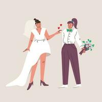 nozze di Due donne. bello, carino personaggi, Tenere mani. sposa nel un' completo da uomo e Tenere fiori, lgbt nozze. vettoriale isolato illustrazione.