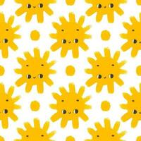 semplice senza soluzione di continuità modello con divertente giallo Soli con viso. carino infantile arte con sole su bianca sfondo. bambino design e Stampa, tessuto disegno, parete arte, involucro papper vettore