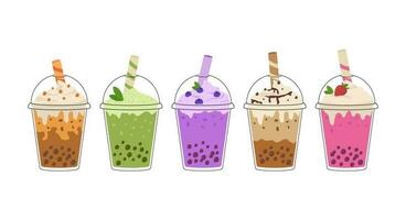 impostato di bolla latte tè con tapioca perle. asiatico taiwanese bevanda. freddo matcha bevanda nel porta via plastica tazza. cartone animato vettore illustrazione.