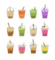 impostato di bolla latte tè con tapioca perle. asiatico taiwanese bevanda. estate delizioso freddo bevande con frutta e bacca, latte macchiato, succo, matcha, Mojito. cartone animato vettore illustrazione.