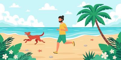 tempo libero sulla spiaggia. uomo che fa jogging con il cane. estate. illustrazione vettoriale