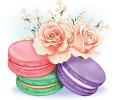 simpatici macarons pastello ad acquerello con bouquet di rose rosa vettore