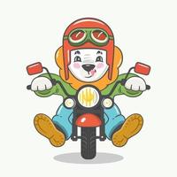 illustrazione vettoriale colorato di carattere leone simpatico cartone animato divertente nel casco con gli occhiali in sella a una moto