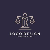 dx iniziali combinato con il bilancia di giustizia icona, design ispirazione per legge aziende nel un' moderno e lussuoso stile vettore