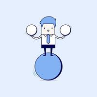 uomo d'affari in equilibrio sulla palla blu tenendo due sfere. vettore di stile di linea sottile personaggio dei cartoni animati.