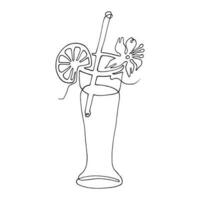 bicchiere di acqua con Ghiaccio, cocktail, estate bevanda con un' cannuccia per potabile. continuo uno linea disegno. esotico frutta. Linea artistica vettore illustrazione