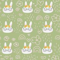 simpatico motivo pastello verde con conigli grigi linea doodle fiori arcobaleni rosa tessuti per bambini album di ritagli di carta per bambini vettore