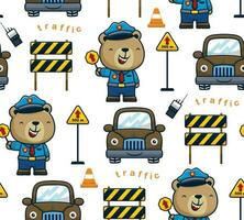 senza soluzione di continuità modello vettore di carino orso cartone animato nel poliziotto uniforme, sorridente auto con traffico elementi