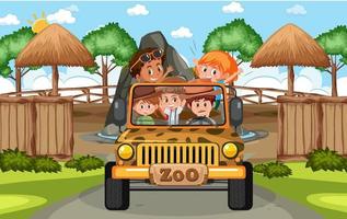 i bambini in automobile turistica esplorano nella scena dello zoo vettore