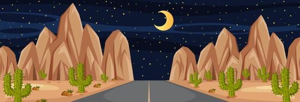 scena orizzontale con una lunga strada attraverso il deserto di notte vettore