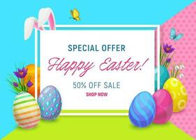 Pasqua vendita offrire manifesto con uova e coniglietto vettore