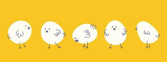 impostato di quattro semplice bianca pulcini, polli su giallo sfondo. vettore minimalista elementi per Pasqua, bambini o animale disegni.