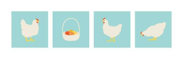 pollo e uova nel di vimini cestino. piatto bianca polli. impostato di vettore illustrazioni per design.