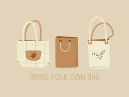 portare il tuo Borsa. impostato di carino riutilizzabile shopping borse. eco-friendly shopping Borsa. no plastica e un' zero rifiuto concetto. vettore isolato cartone animato illustrazioni.