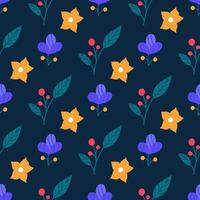 fiori e piante carini luminosi su sfondo blu. Vector seamless pattern in uno stile piatto