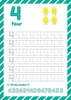 numero tracciato foglio di lavoro per bambini formazione scolastica. apprendimento numeri pagine. numero quattro vettore