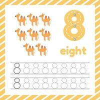 carino colorato bambini flashcard con tracciato numeri e cammello. imparare Come per Scrivi numero otto per bambini formazione scolastica vettore