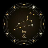 Leo, costellazione di il zodiaco cartello nel il cosmico Magia cerchio. d'oro design su un' buio sfondo. vettore