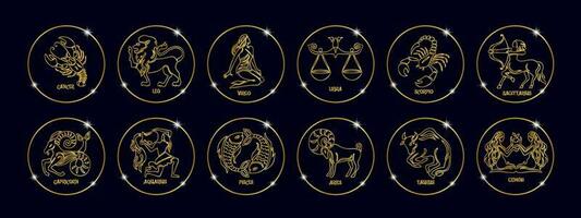 zodiaco segni, astrologico oroscopo segni. contorno d'oro disegni su un' nero sfondo. icone, vettore